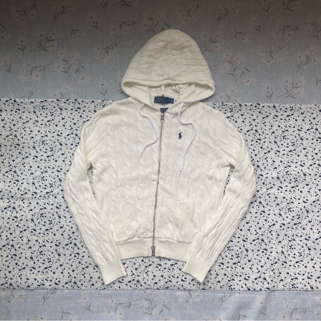 Ralph Lauren Cream Cable-Knit Zip-Up Hoodie Sweater